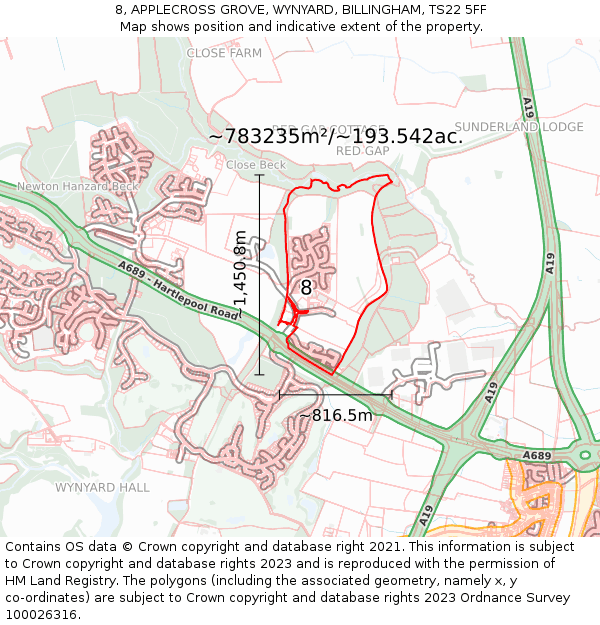 8, APPLECROSS GROVE, WYNYARD, BILLINGHAM, TS22 5FF: Plot and title map