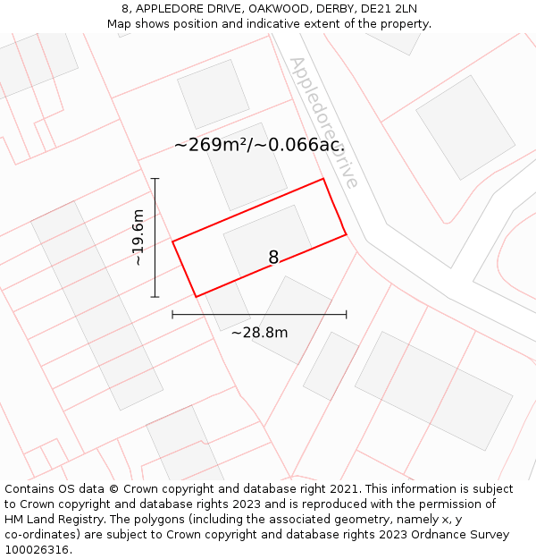 8, APPLEDORE DRIVE, OAKWOOD, DERBY, DE21 2LN: Plot and title map