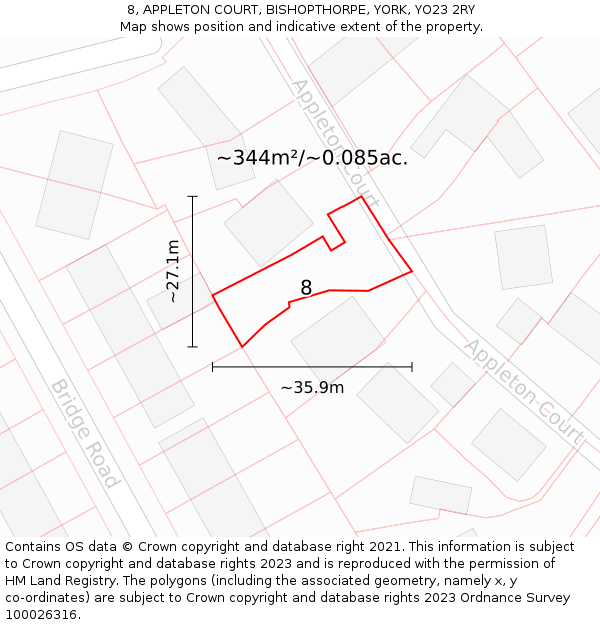 8, APPLETON COURT, BISHOPTHORPE, YORK, YO23 2RY: Plot and title map
