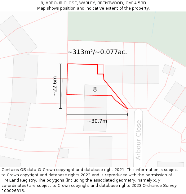 8, ARBOUR CLOSE, WARLEY, BRENTWOOD, CM14 5BB: Plot and title map
