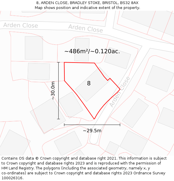 8, ARDEN CLOSE, BRADLEY STOKE, BRISTOL, BS32 8AX: Plot and title map