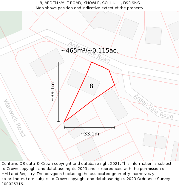 8, ARDEN VALE ROAD, KNOWLE, SOLIHULL, B93 9NS: Plot and title map