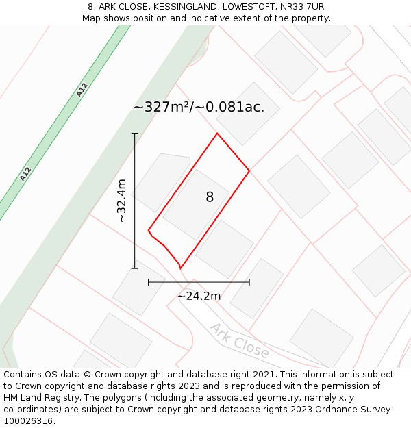 8, ARK CLOSE, KESSINGLAND, LOWESTOFT, NR33 7UR: Plot and title map