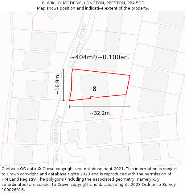 8, ARKHOLME DRIVE, LONGTON, PRESTON, PR4 5DE: Plot and title map