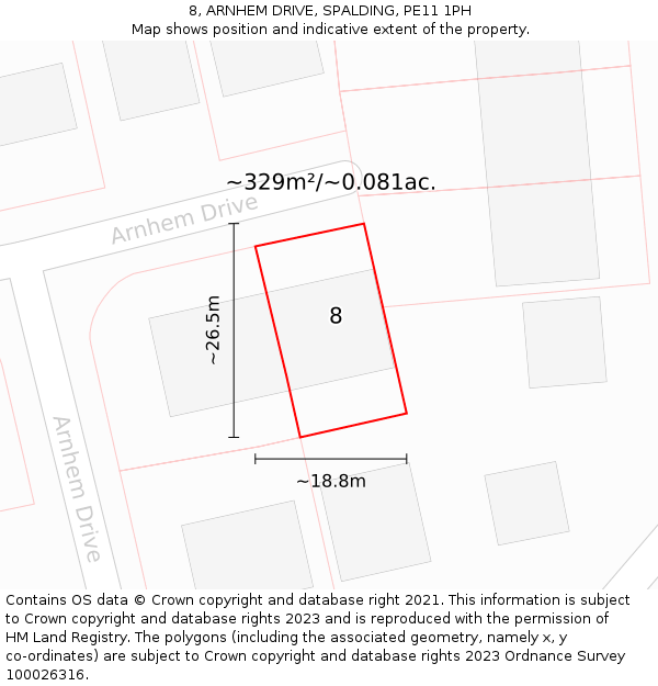8, ARNHEM DRIVE, SPALDING, PE11 1PH: Plot and title map