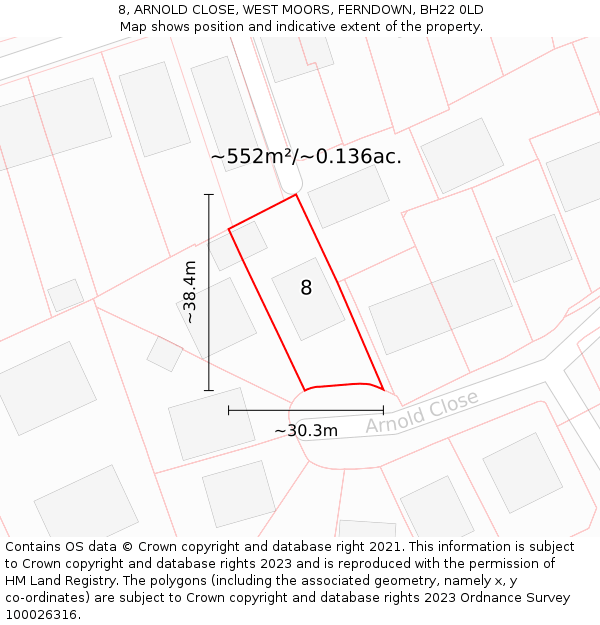 8, ARNOLD CLOSE, WEST MOORS, FERNDOWN, BH22 0LD: Plot and title map