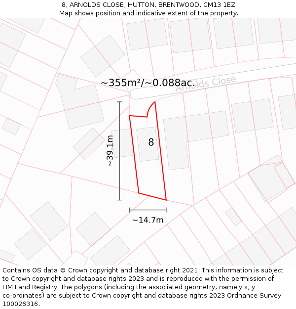 8, ARNOLDS CLOSE, HUTTON, BRENTWOOD, CM13 1EZ: Plot and title map