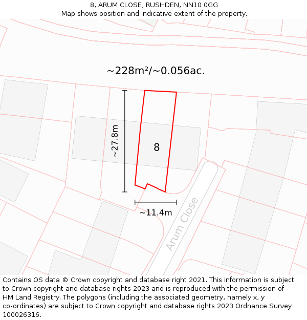 8, ARUM CLOSE, RUSHDEN, NN10 0GG: Plot and title map