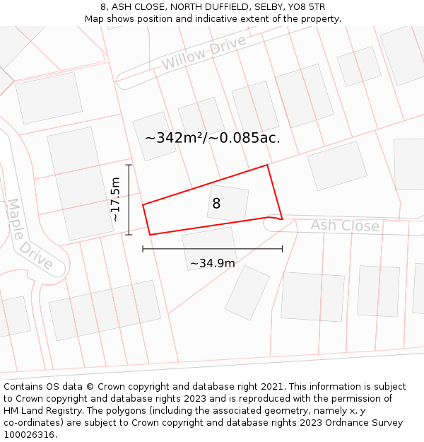 8, ASH CLOSE, NORTH DUFFIELD, SELBY, YO8 5TR: Plot and title map