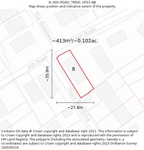 8, ASH ROAD, TRING, HP23 4JB: Plot and title map