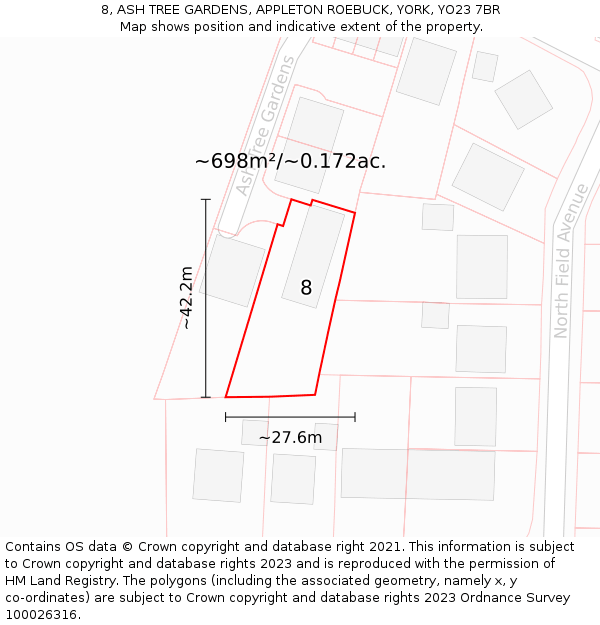 8, ASH TREE GARDENS, APPLETON ROEBUCK, YORK, YO23 7BR: Plot and title map