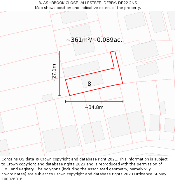 8, ASHBROOK CLOSE, ALLESTREE, DERBY, DE22 2NS: Plot and title map