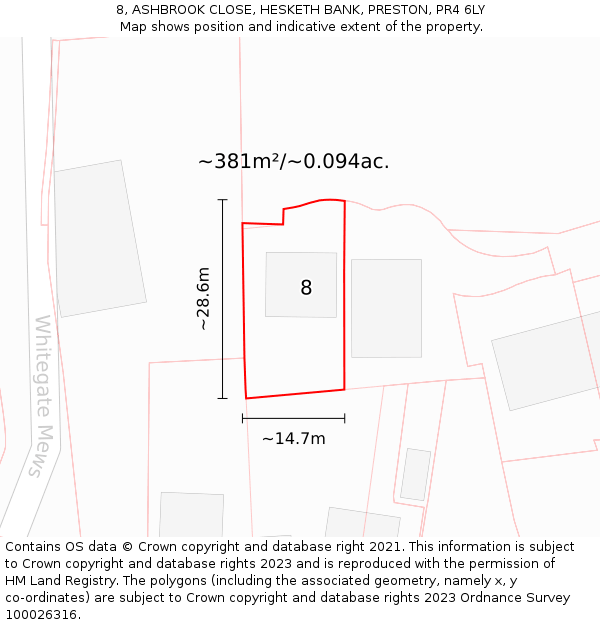 8, ASHBROOK CLOSE, HESKETH BANK, PRESTON, PR4 6LY: Plot and title map
