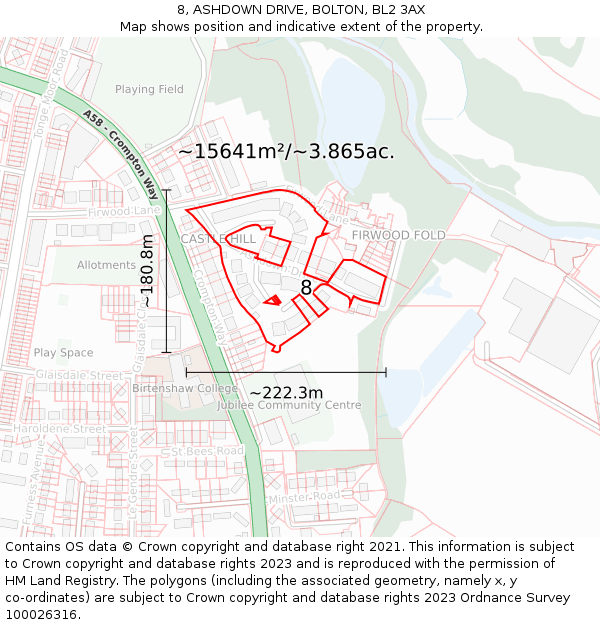 8, ASHDOWN DRIVE, BOLTON, BL2 3AX: Plot and title map