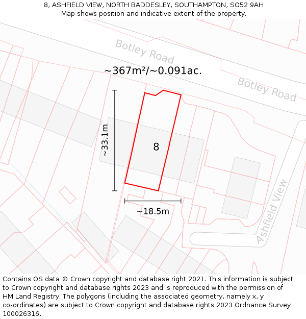 8, ASHFIELD VIEW, NORTH BADDESLEY, SOUTHAMPTON, SO52 9AH: Plot and title map