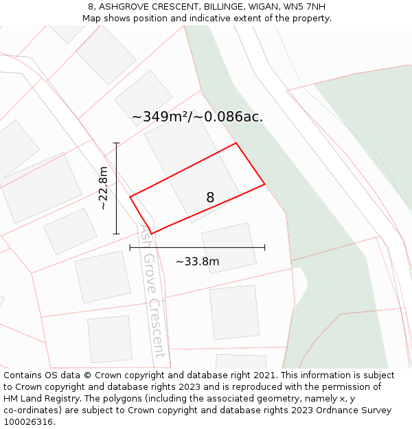 8, ASHGROVE CRESCENT, BILLINGE, WIGAN, WN5 7NH: Plot and title map