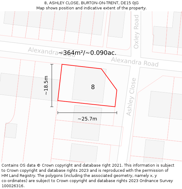 8, ASHLEY CLOSE, BURTON-ON-TRENT, DE15 0JG: Plot and title map