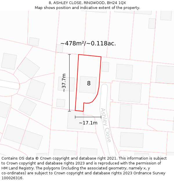 8, ASHLEY CLOSE, RINGWOOD, BH24 1QX: Plot and title map