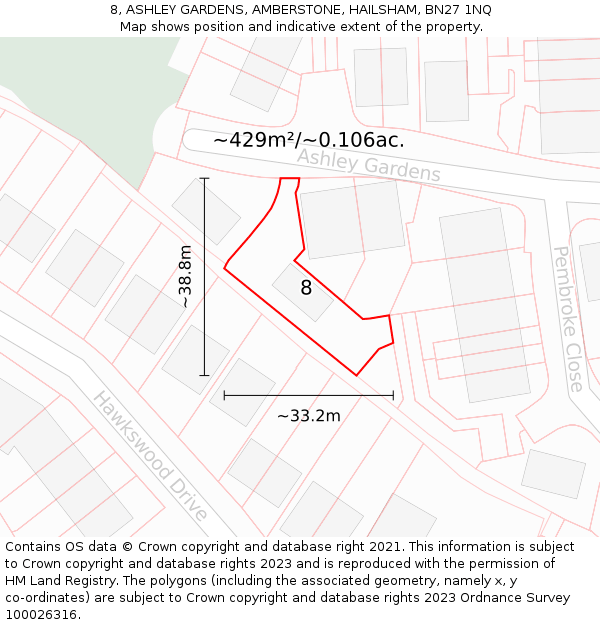 8, ASHLEY GARDENS, AMBERSTONE, HAILSHAM, BN27 1NQ: Plot and title map