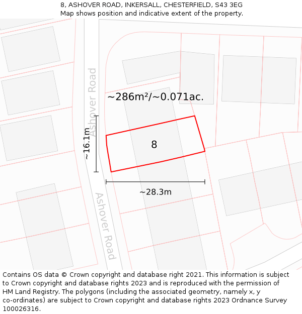 8, ASHOVER ROAD, INKERSALL, CHESTERFIELD, S43 3EG: Plot and title map