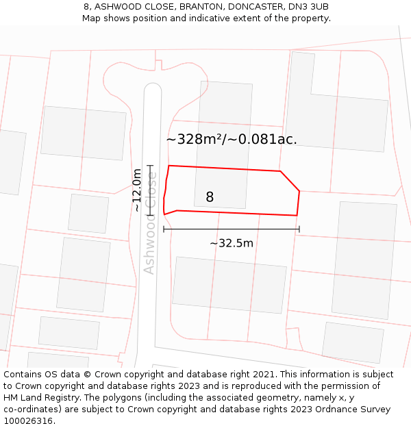 8, ASHWOOD CLOSE, BRANTON, DONCASTER, DN3 3UB: Plot and title map