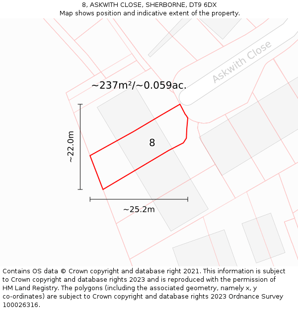 8, ASKWITH CLOSE, SHERBORNE, DT9 6DX: Plot and title map