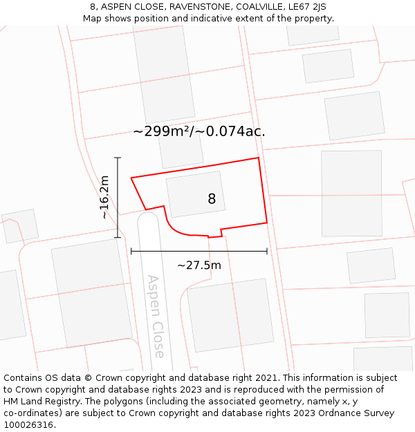 8, ASPEN CLOSE, RAVENSTONE, COALVILLE, LE67 2JS: Plot and title map