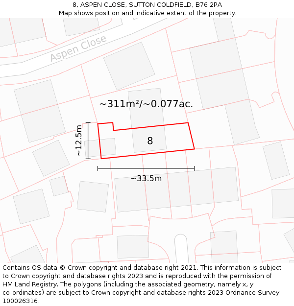 8, ASPEN CLOSE, SUTTON COLDFIELD, B76 2PA: Plot and title map