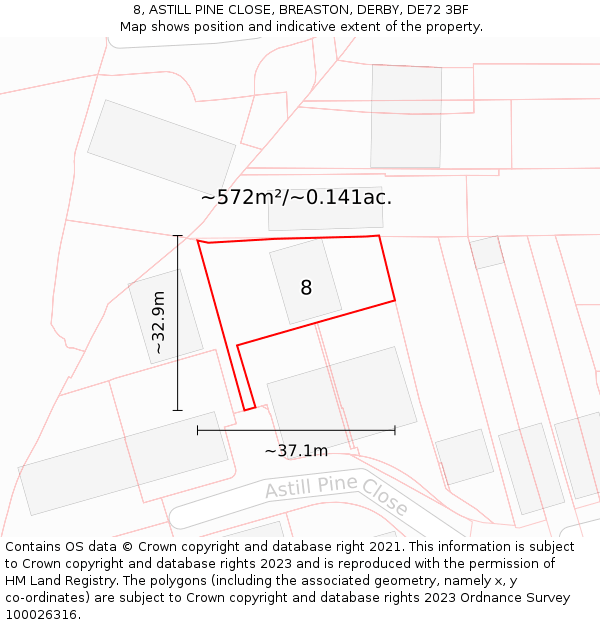 8, ASTILL PINE CLOSE, BREASTON, DERBY, DE72 3BF: Plot and title map
