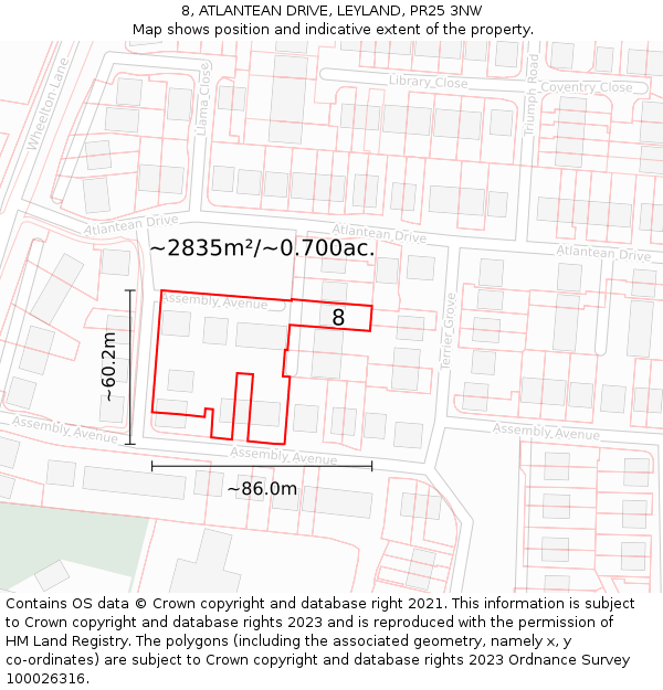8, ATLANTEAN DRIVE, LEYLAND, PR25 3NW: Plot and title map