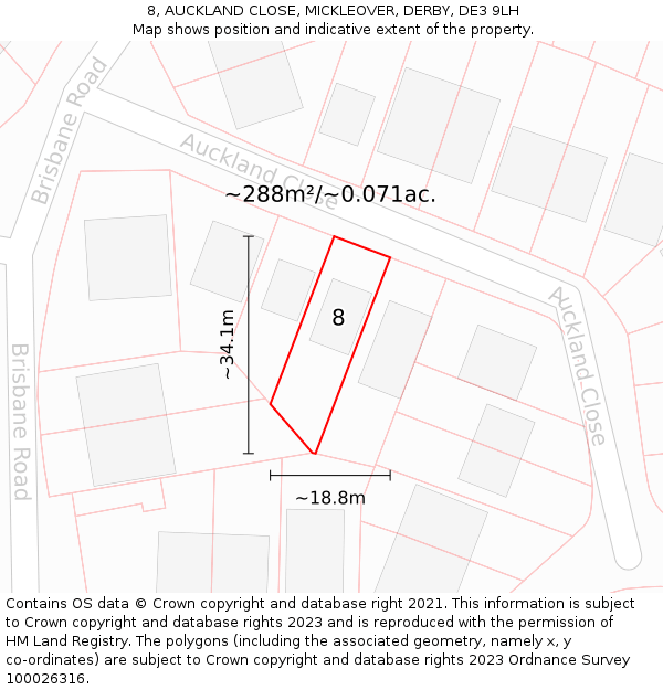 8, AUCKLAND CLOSE, MICKLEOVER, DERBY, DE3 9LH: Plot and title map
