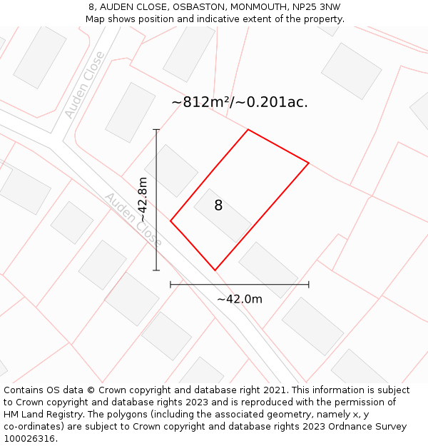 8, AUDEN CLOSE, OSBASTON, MONMOUTH, NP25 3NW: Plot and title map