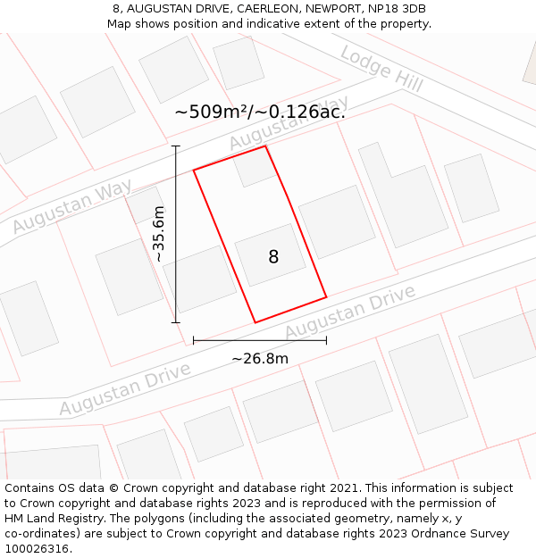8, AUGUSTAN DRIVE, CAERLEON, NEWPORT, NP18 3DB: Plot and title map