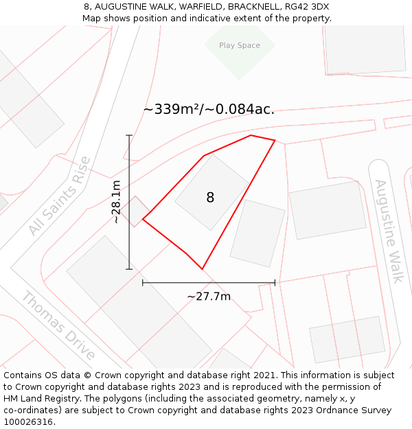 8, AUGUSTINE WALK, WARFIELD, BRACKNELL, RG42 3DX: Plot and title map