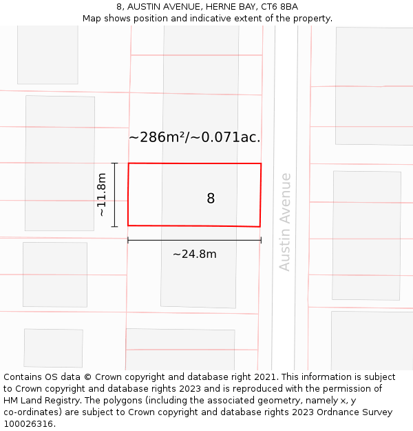8, AUSTIN AVENUE, HERNE BAY, CT6 8BA: Plot and title map