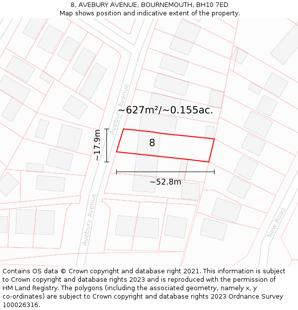 8, AVEBURY AVENUE, BOURNEMOUTH, BH10 7ED: Plot and title map