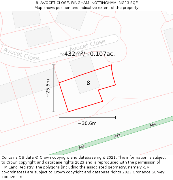 8, AVOCET CLOSE, BINGHAM, NOTTINGHAM, NG13 8QE: Plot and title map