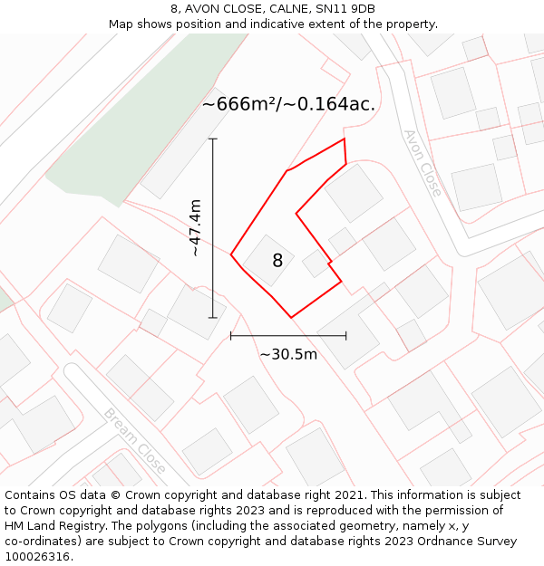 8, AVON CLOSE, CALNE, SN11 9DB: Plot and title map