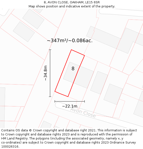 8, AVON CLOSE, OAKHAM, LE15 6SR: Plot and title map