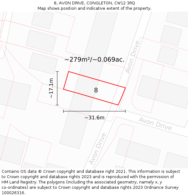 8, AVON DRIVE, CONGLETON, CW12 3RQ: Plot and title map