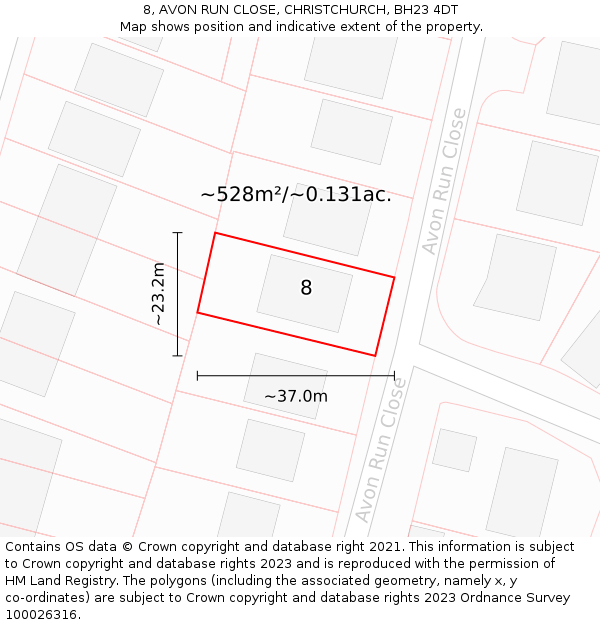 8, AVON RUN CLOSE, CHRISTCHURCH, BH23 4DT: Plot and title map