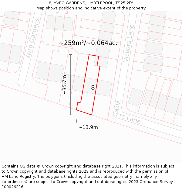 8, AVRO GARDENS, HARTLEPOOL, TS25 2FA: Plot and title map