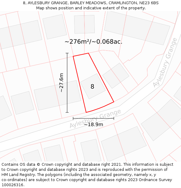 8, AYLESBURY GRANGE, BARLEY MEADOWS, CRAMLINGTON, NE23 6BS: Plot and title map