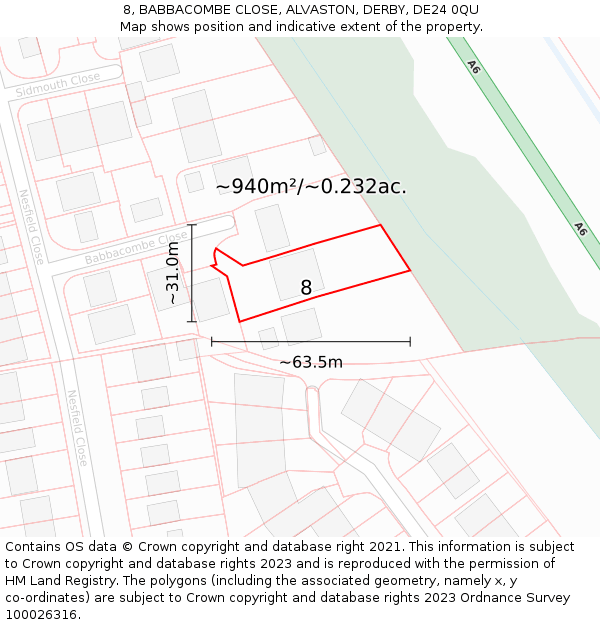 8, BABBACOMBE CLOSE, ALVASTON, DERBY, DE24 0QU: Plot and title map