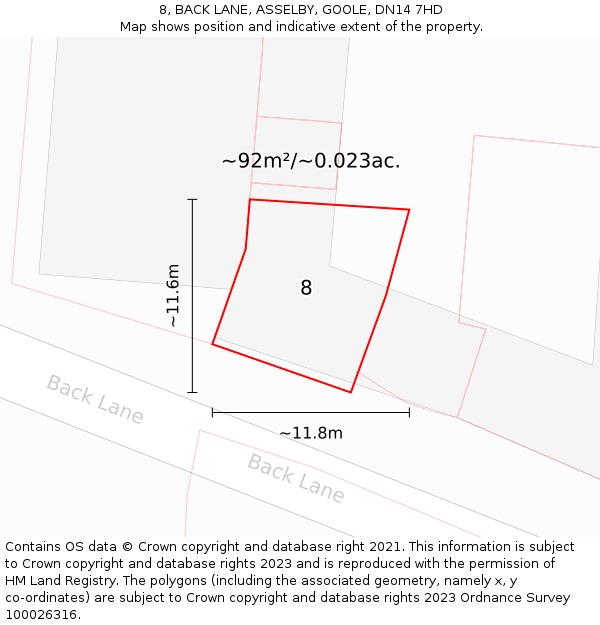 8, BACK LANE, ASSELBY, GOOLE, DN14 7HD: Plot and title map