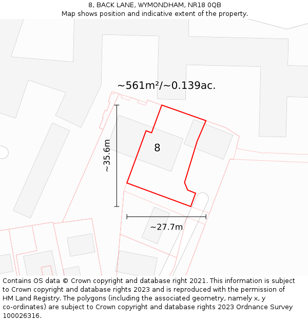 8, BACK LANE, WYMONDHAM, NR18 0QB: Plot and title map