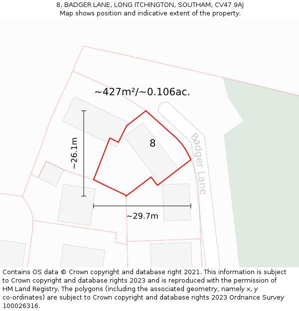 8, BADGER LANE, LONG ITCHINGTON, SOUTHAM, CV47 9AJ: Plot and title map