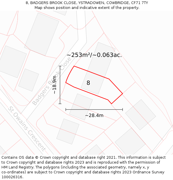 8, BADGERS BROOK CLOSE, YSTRADOWEN, COWBRIDGE, CF71 7TY: Plot and title map
