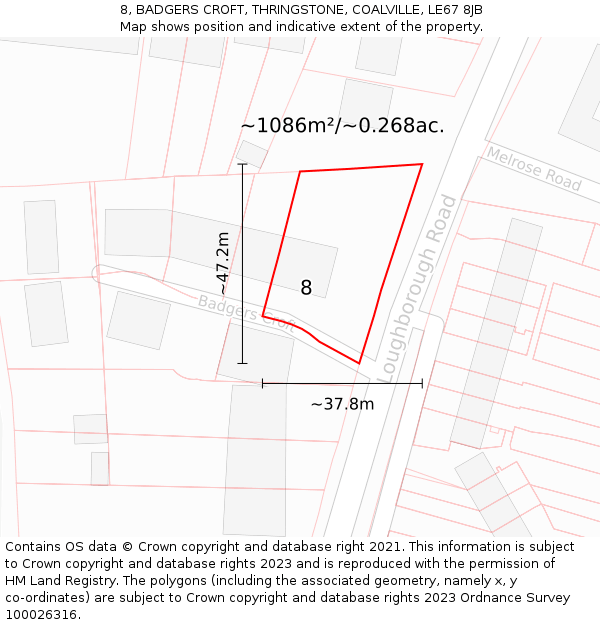 8, BADGERS CROFT, THRINGSTONE, COALVILLE, LE67 8JB: Plot and title map