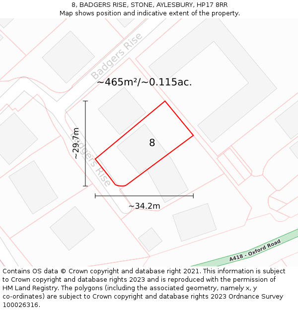 8, BADGERS RISE, STONE, AYLESBURY, HP17 8RR: Plot and title map